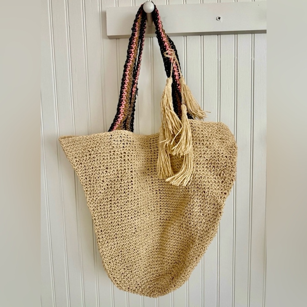 Haute Hippie Raffia Bohemian Tote with Black and Pink Strap Accents